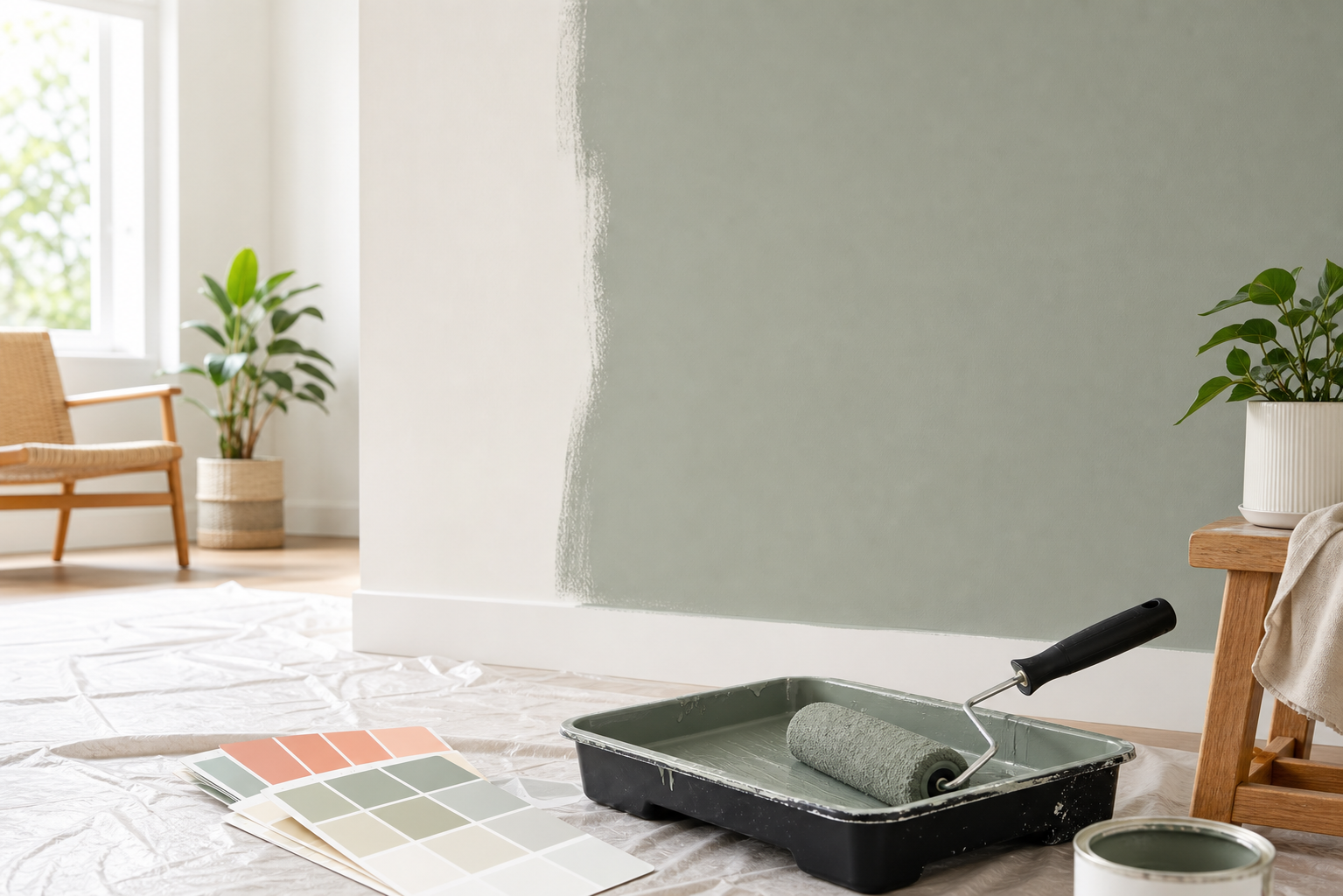 Paint roller, tray, and color swatches in a clean interior room